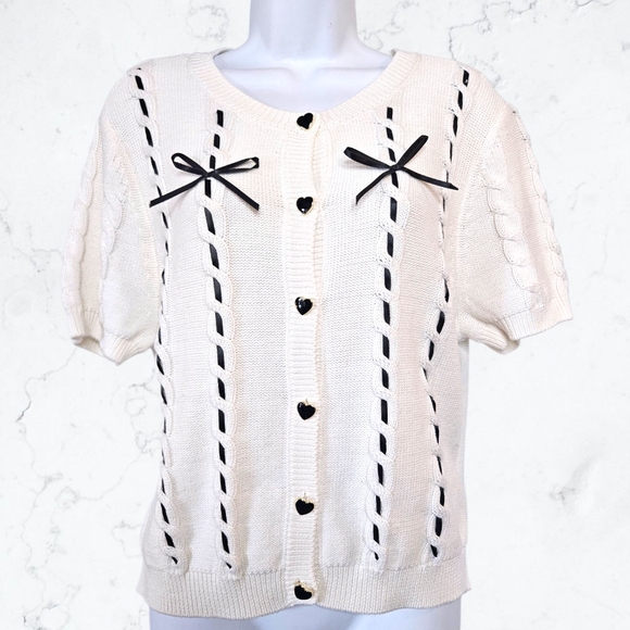 Avec Les Filles White & Black Bow Trim Heart Button Up Cardigan Sweater - Picture 2 of 11